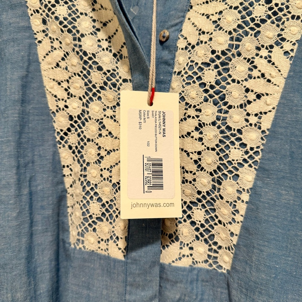 NWT Johnny Was $310 Thalassa Pieced Button Down Chambray Top Blouse Shirt Size S - Picture 11 of 16